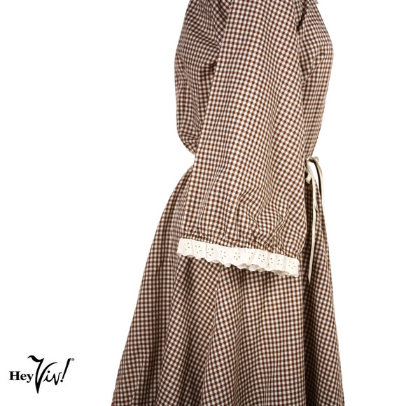 Vintage Malco Modes Prairie Dress Brown White Check Ric Rac Eyelet Trim Size 14 - Picture 4 of 9